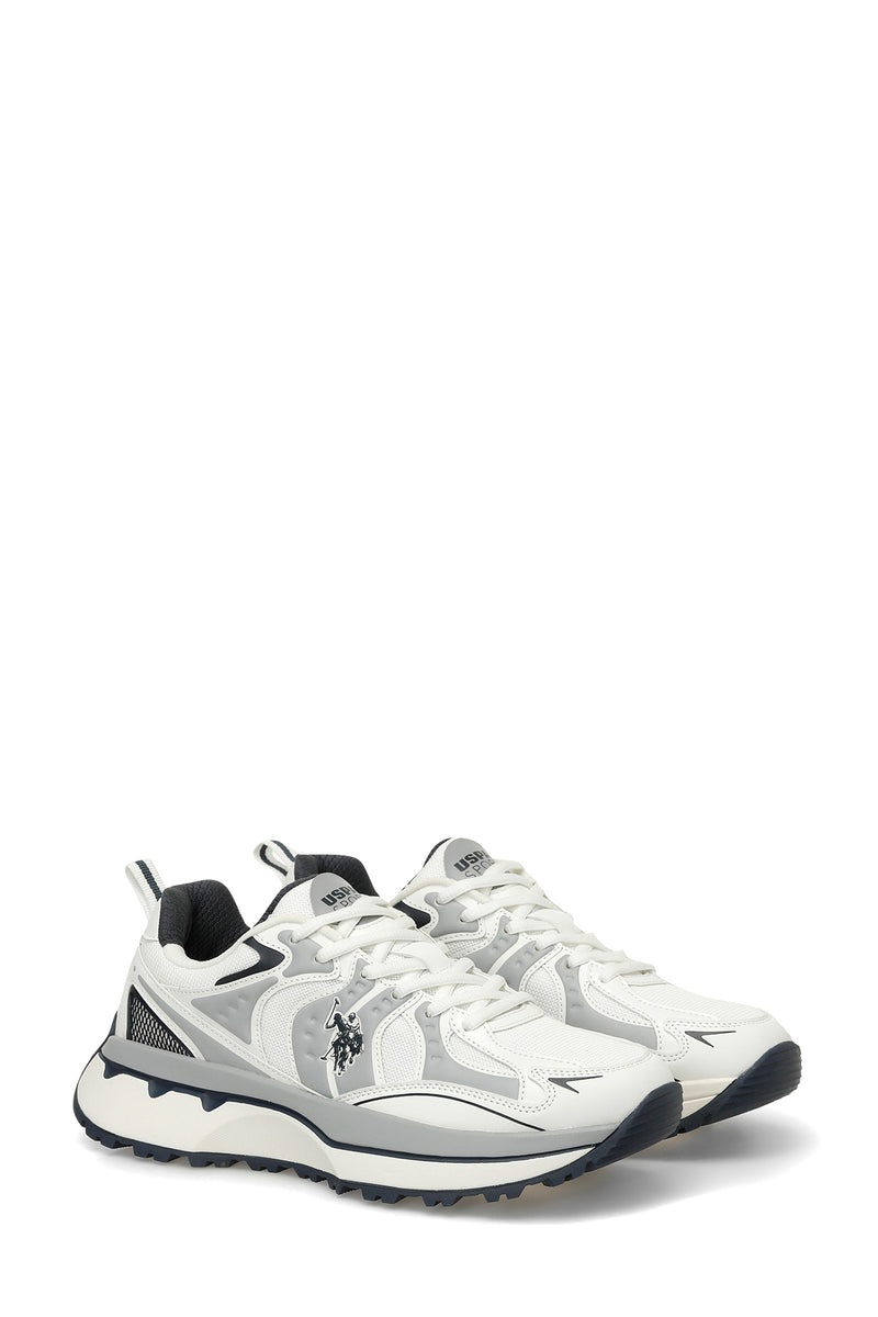 Pantofi sport cu garnituri de piele ecologica si plasa, Alb/Gri