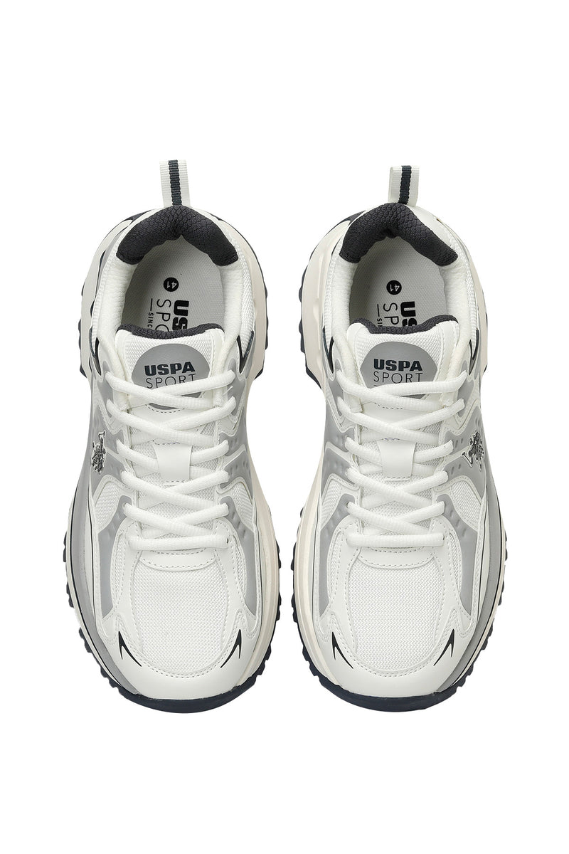 Pantofi sport cu garnituri de piele ecologica si plasa, Alb/Gri