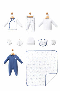 Set 10 Piese Nou Născut Alb/ Bleumarin cu Imprimeu Logo Băiețel