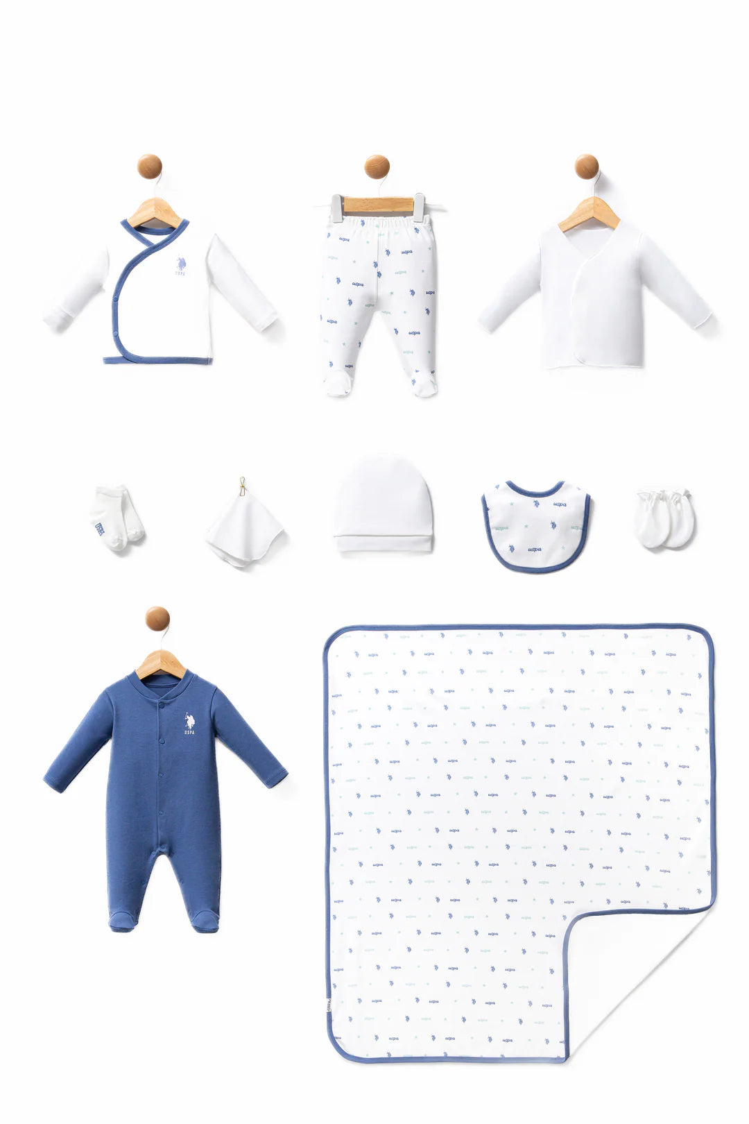 Set 10 Piese Nou Născut Alb/ Bleumarin cu Imprimeu Logo Băiețel