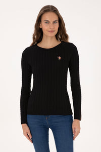 Pulover Dama Pe Negru Cu Guler Rotund Si Textura