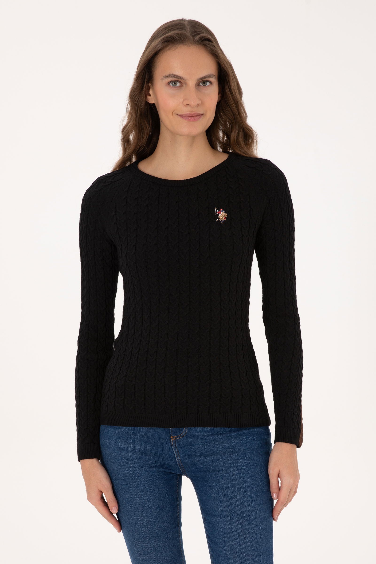 Pulover Dama Pe Negru Cu Guler Rotund Si Textura