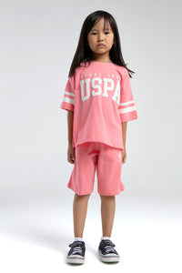 Set 2 Piese Fată - Tricou Cu Logo USPA Și Pantaloni Scurți Roz Somon