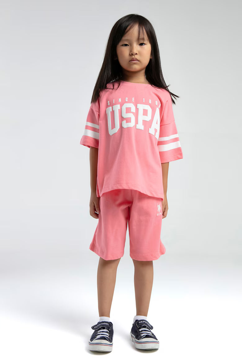 Set 2 Piese Fată - Tricou Cu Logo USPA Și Pantaloni Scurți Roz Somon