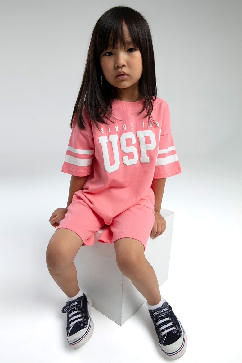 Set 2 Piese Fată - Tricou Cu Logo USPA Și Pantaloni Scurți Roz Somon