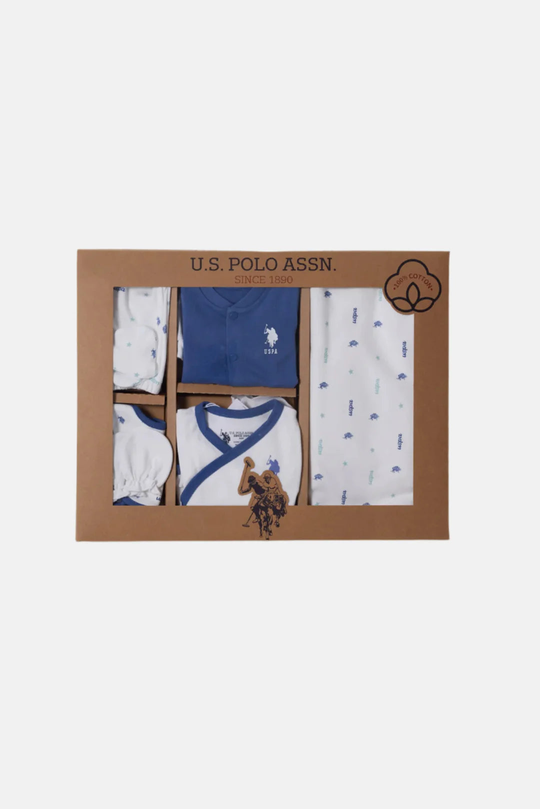 Set 10 Piese Nou Născut Alb/ Bleumarin cu Imprimeu Logo Băiețel