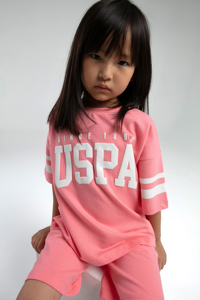 Set 2 Piese Fată - Tricou Cu Logo USPA Și Pantaloni Scurți Roz Somon