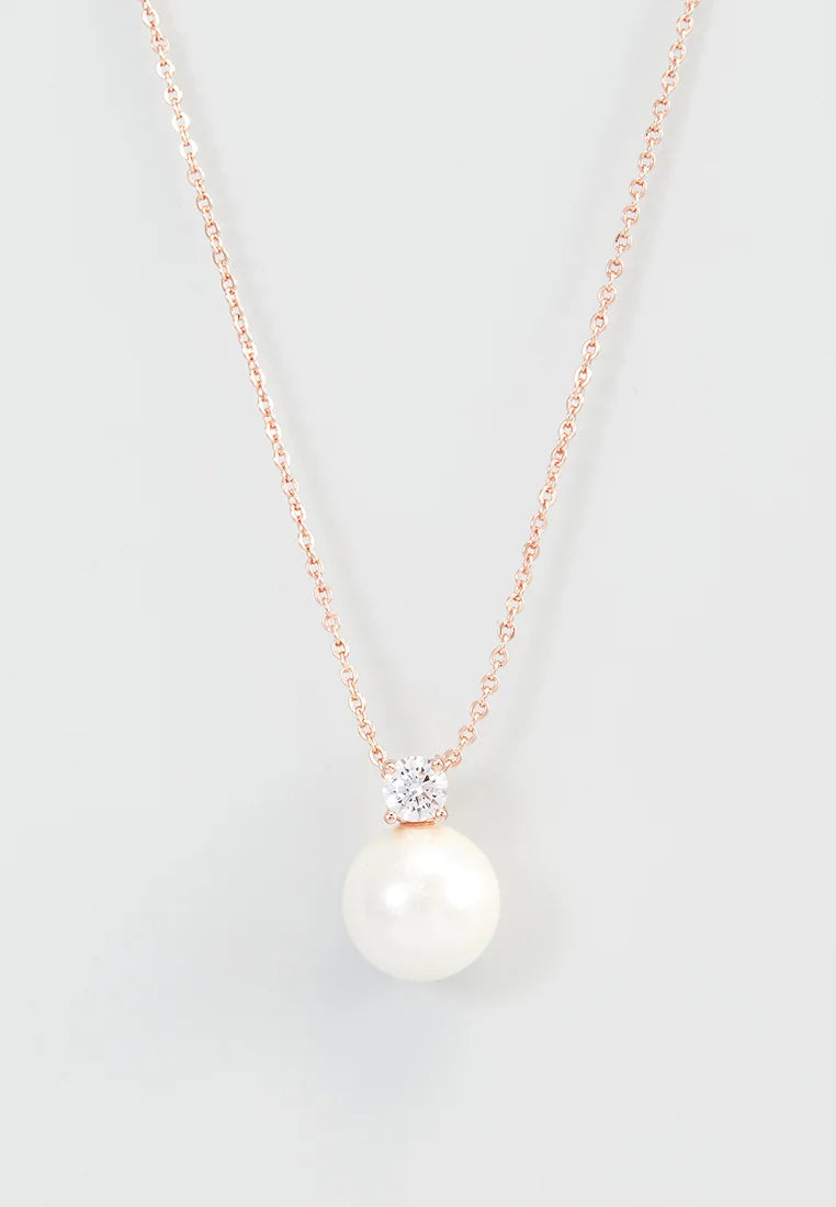 Lant Dama Din Metal Placat Auriu Roze Cu Pandantiv Combinat Perla Alba Si Cristal Alb