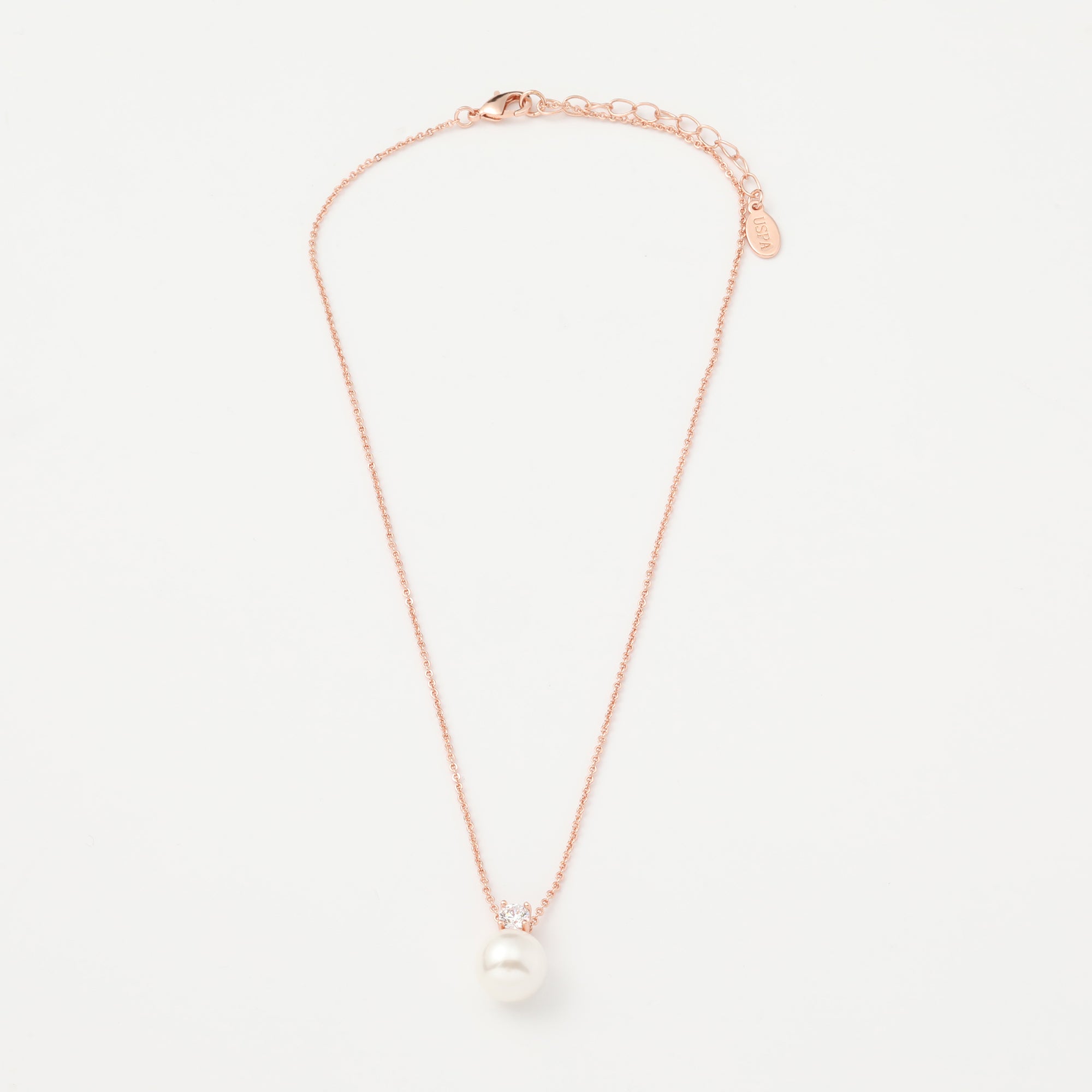 Lant Dama Din Metal Placat Auriu Roze Cu Pandantiv Combinat Perla Alba Si Cristal Alb