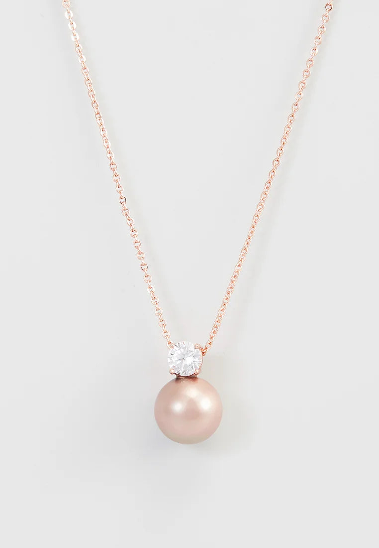 Lant Dama Din Metal Placat Auriu Roze Cu Cristal Alb si Perla Roz