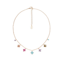 Colier Din Metal Placat Auriu Cu Pandantive Cu Forme Florale Decorate Cu Pietre Zirconiu Colorate.