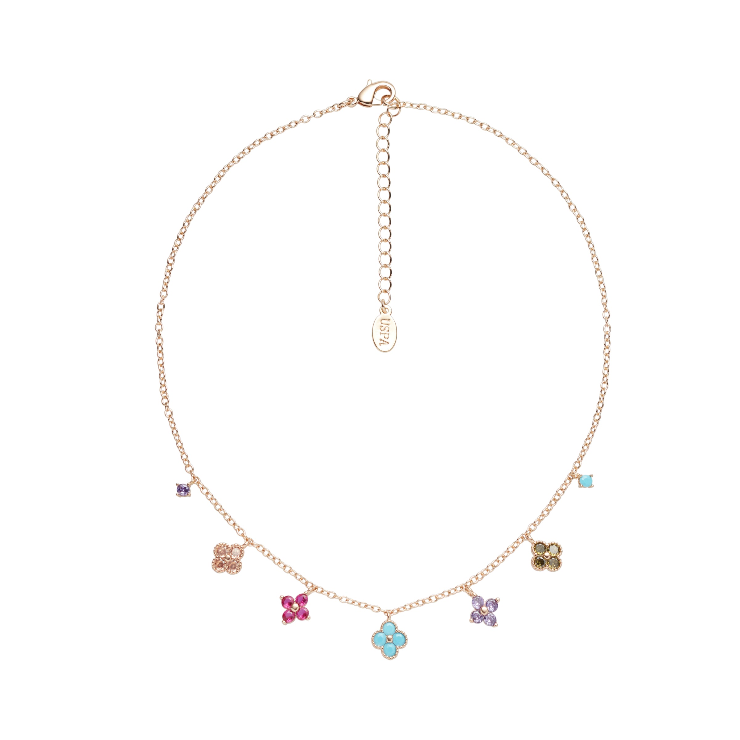 Colier Din Metal Placat Auriu Cu Pandantive Cu Forme Florale Decorate Cu Pietre Zirconiu Colorate.