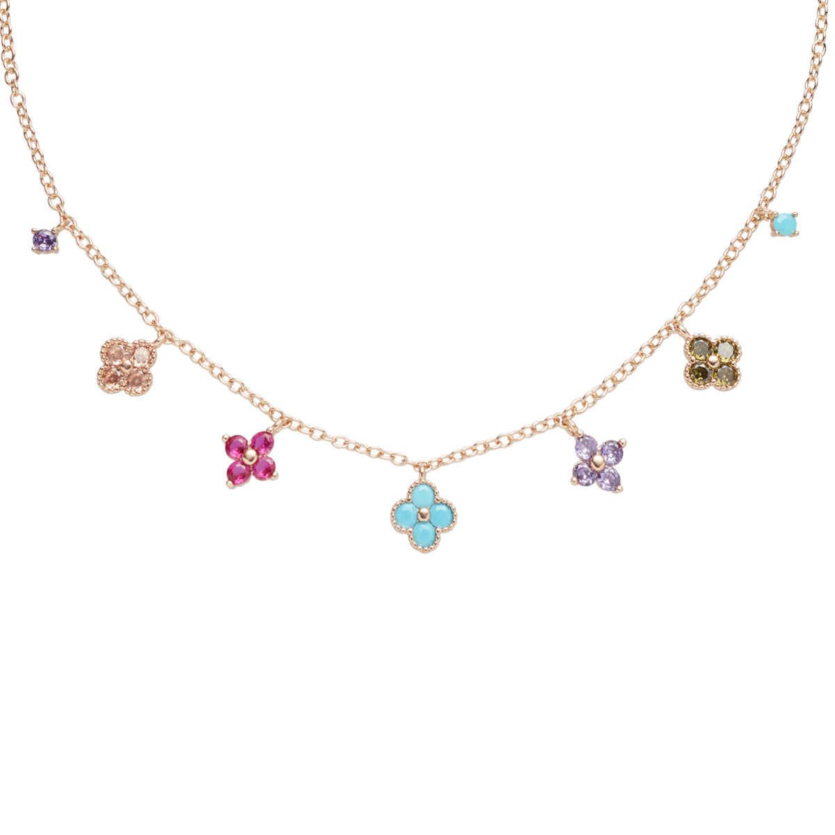 Colier Din Metal Placat Auriu Cu Pandantive Cu Forme Florale Decorate Cu Pietre Zirconiu Colorate.