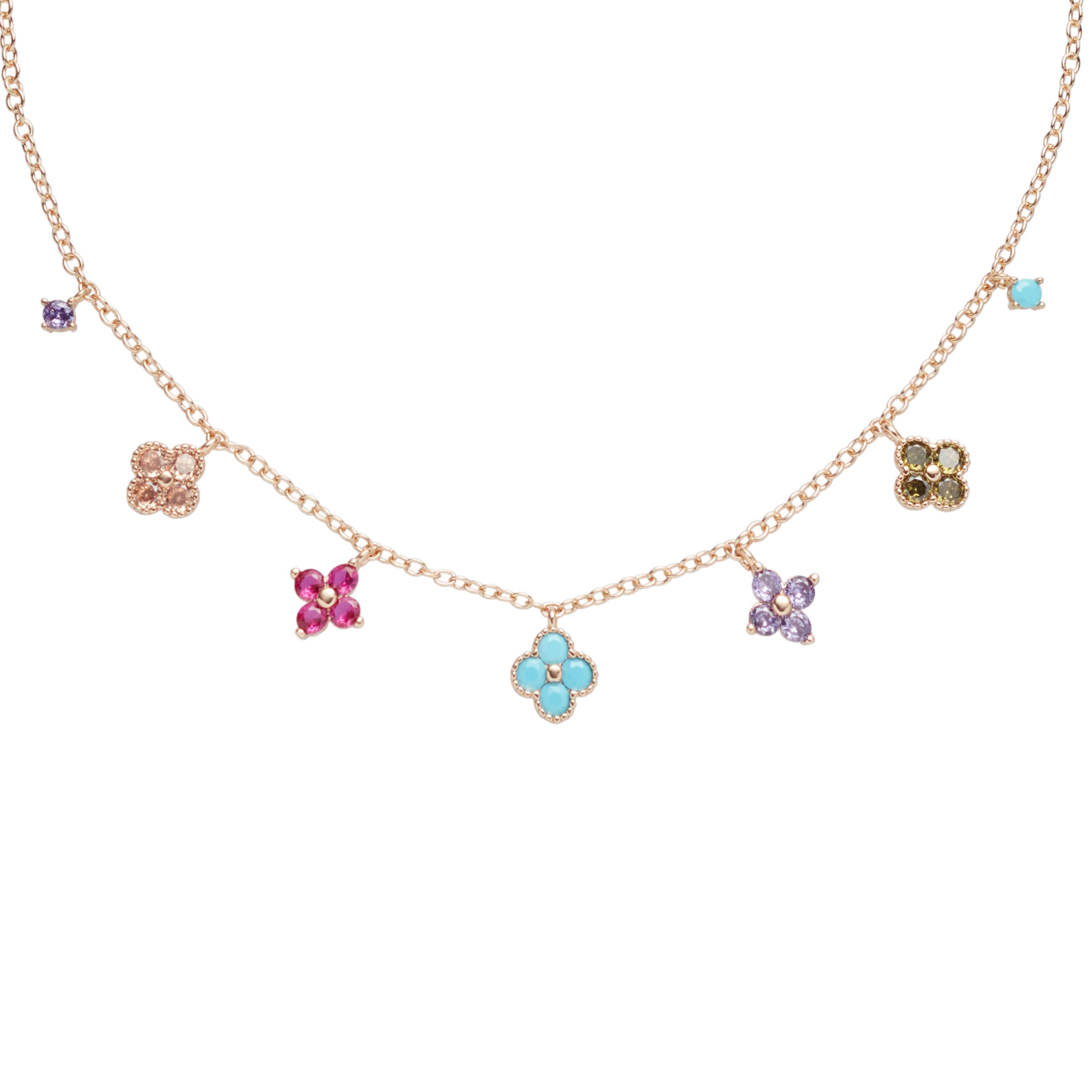 Colier Din Metal Placat Auriu Cu Pandantive Cu Forme Florale Decorate Cu Pietre Zirconiu Colorate.