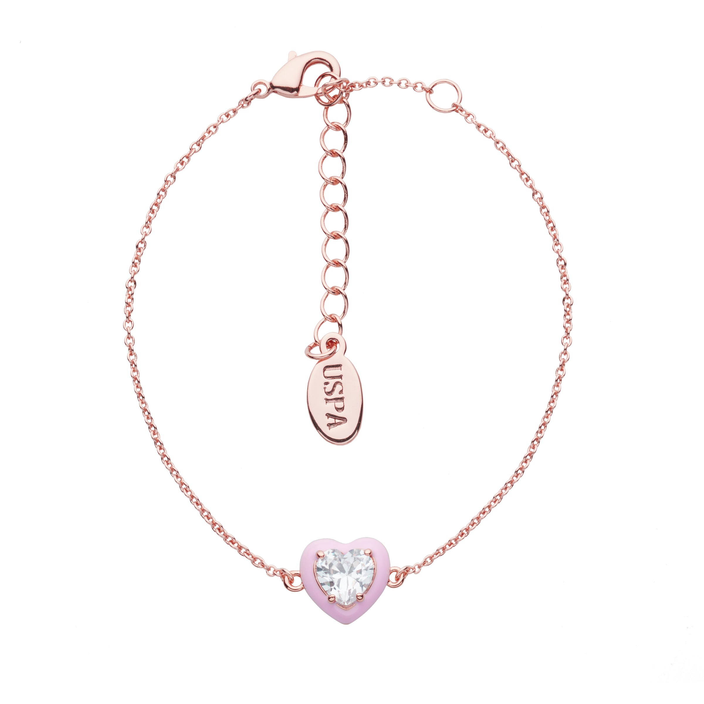 Brățară Din Metal Auriu Roze Cu Pandantiv In Forma De Inima Roz Si Cristal Alb