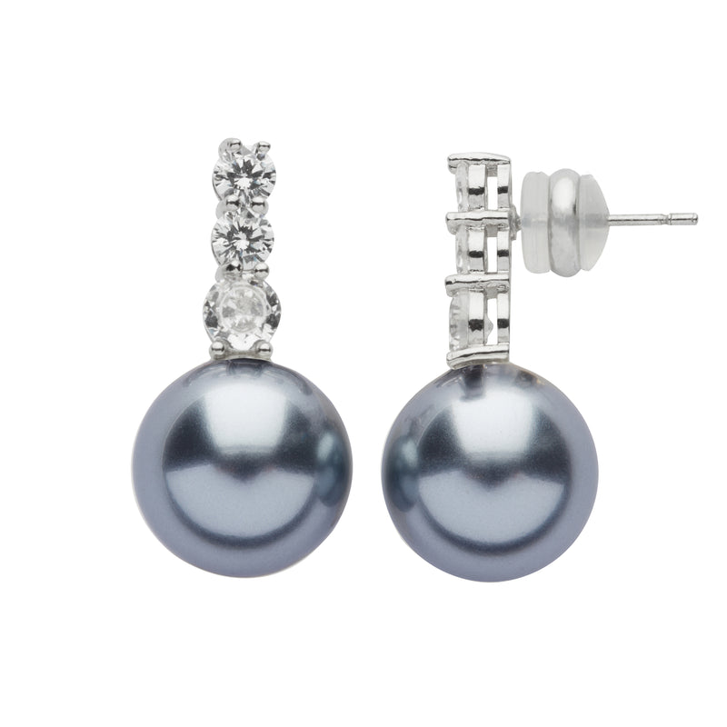 Cercei Dama Din Metal Placat Cu Rodiu Cu Cristale Albe Si Perla Gri Inchis