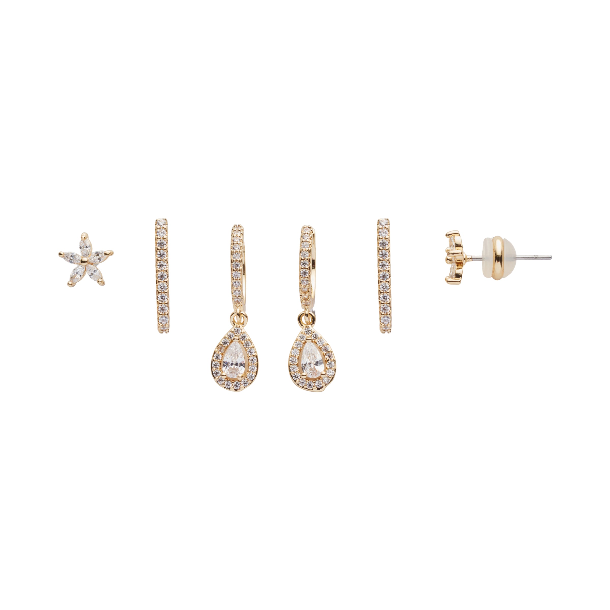 Set 3 Perechi De Cercei Din Metal Placat, Cu Cristale Albe
