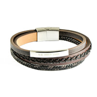 Bratara Barbat Din Piele Naturala Multistrat Cu Fire Si Impletituri Maro Inchis Si Negru Inchidere Din Otel Inoxidabil Catarama Personalizata Cu Logo
