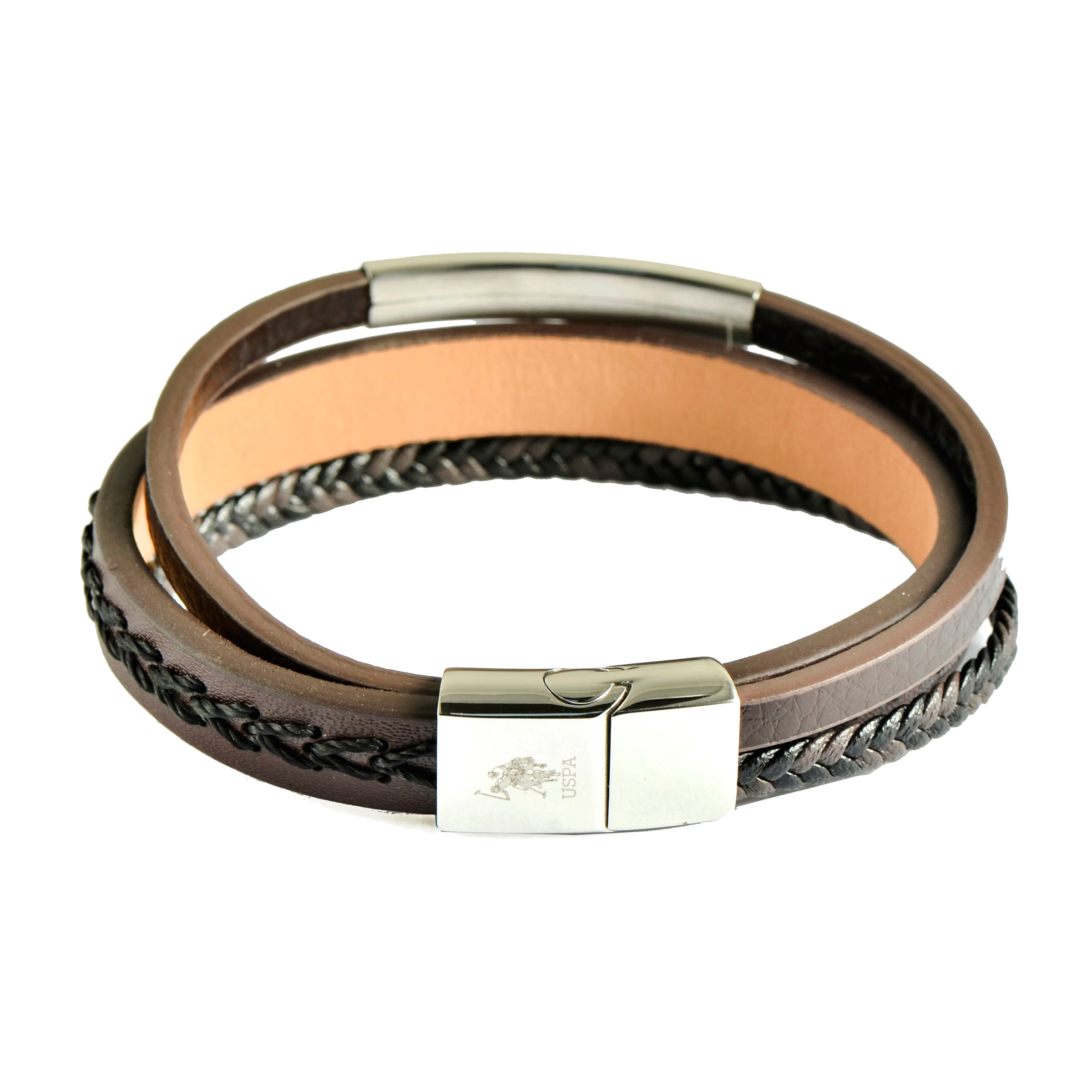 Bratara Barbat Din Piele Naturala Multistrat Cu Fire Si Impletituri Maro Inchis Si Negru Inchidere Din Otel Inoxidabil Catarama Personalizata Cu Logo