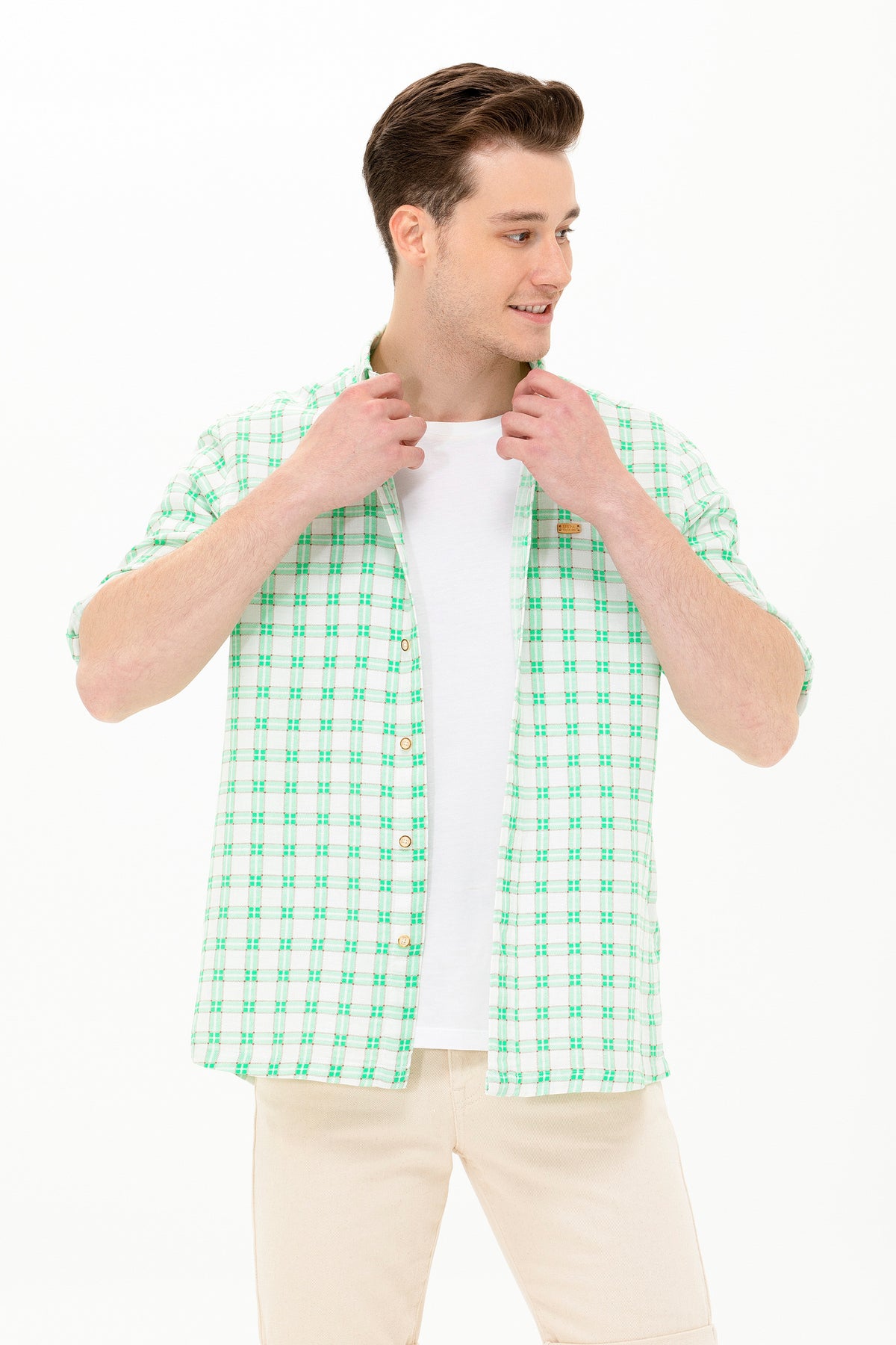 Cămașă Bărbați Pe Alb/ Verde Cu Pătrățele
