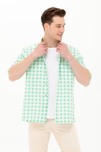 Cămașă Bărbați Pe Alb/ Verde Cu Pătrățele