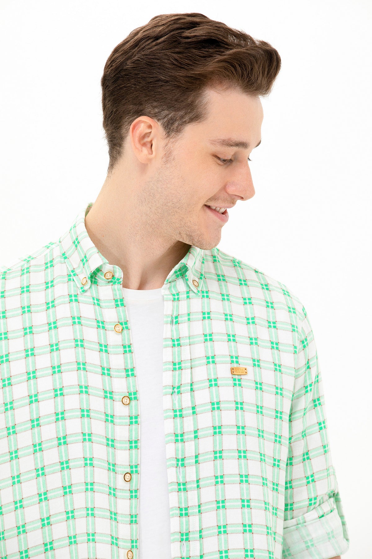 Cămașă Bărbați Pe Alb/ Verde Cu Pătrățele