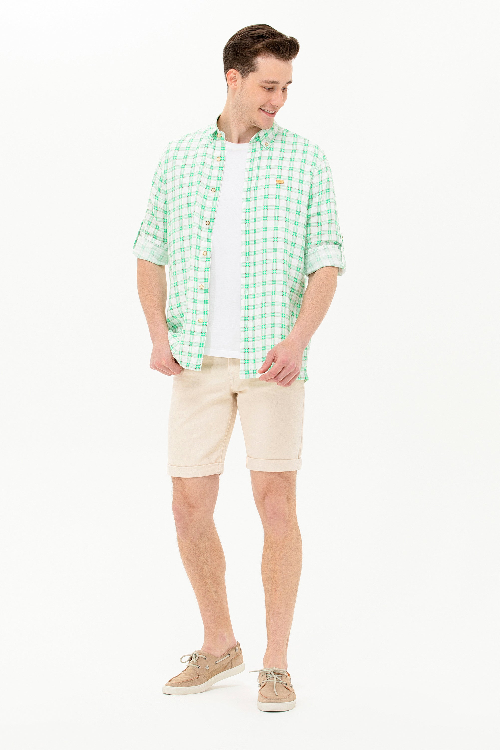 Cămașă Bărbați Pe Alb/ Verde Cu Pătrățele