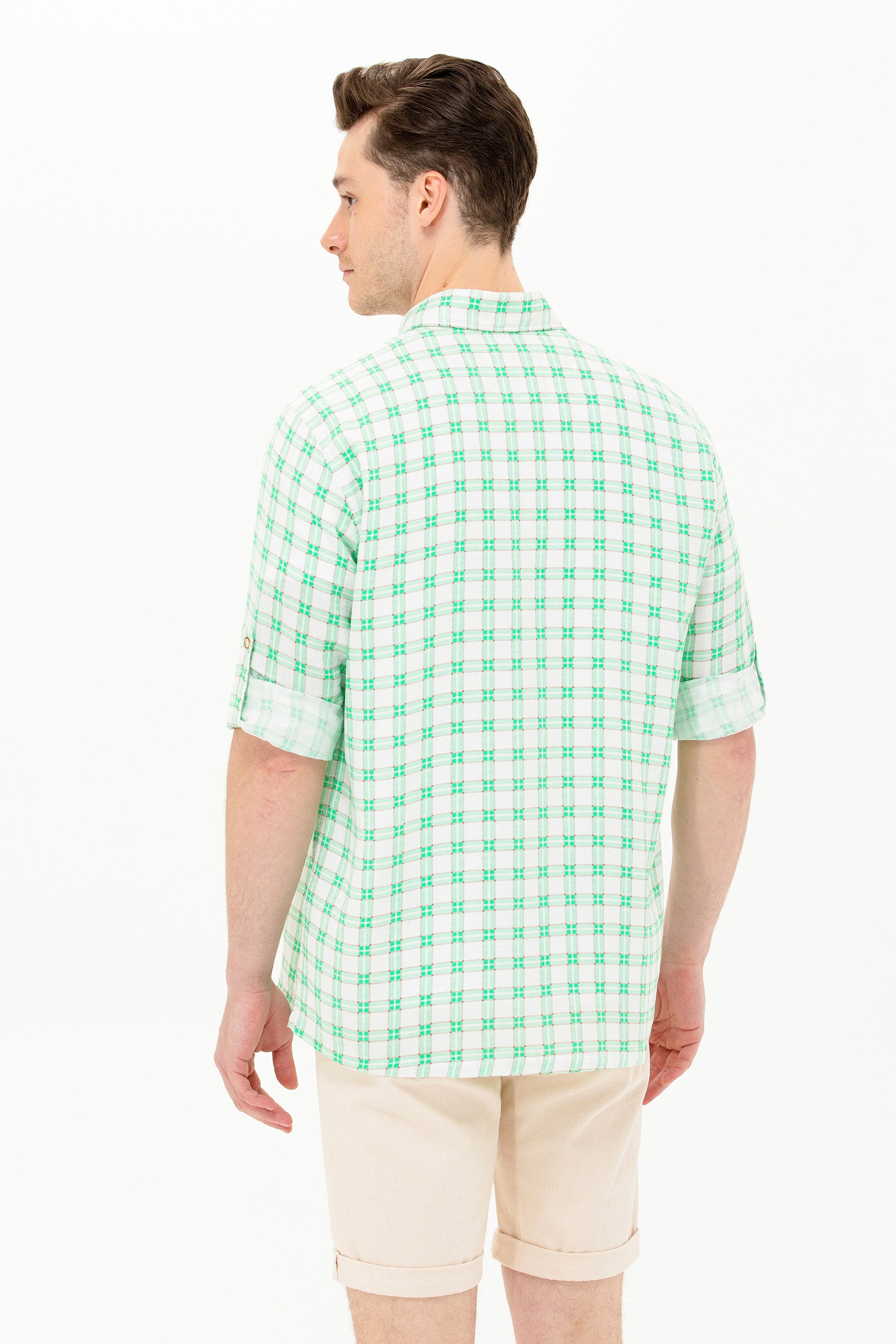 Cămașă Bărbați Pe Alb/ Verde Cu Pătrățele