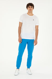 Tricou Bărbați Alb cu Guler Rotund și Logo Discret 