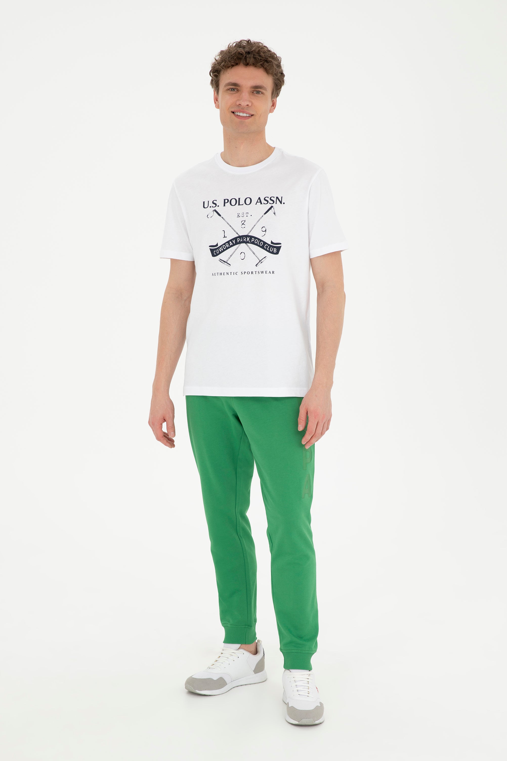 Tricou Bărbați Alb cu Guler Rotund și Print Pe Piept