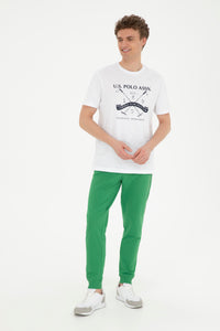 Tricou Bărbați Alb cu Guler Rotund și Print Pe Piept