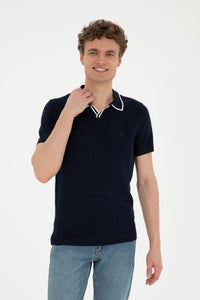 Tricou Polo Bărbați Bleumarin Tricotat Fin Cu Guler Fără Nasturi 