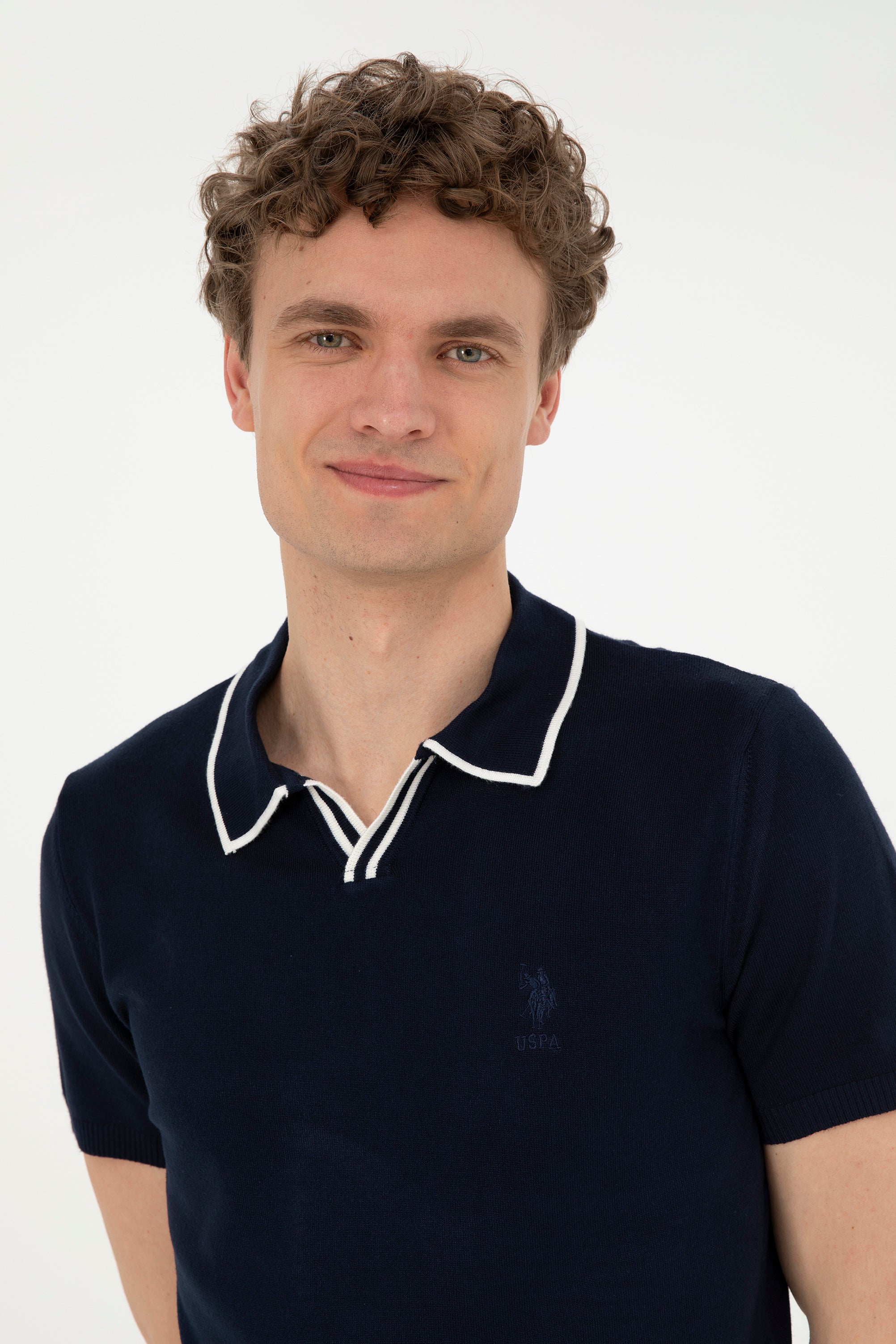 Tricou Polo Bărbați Bleumarin Tricotat Fin Cu Guler Fără Nasturi 