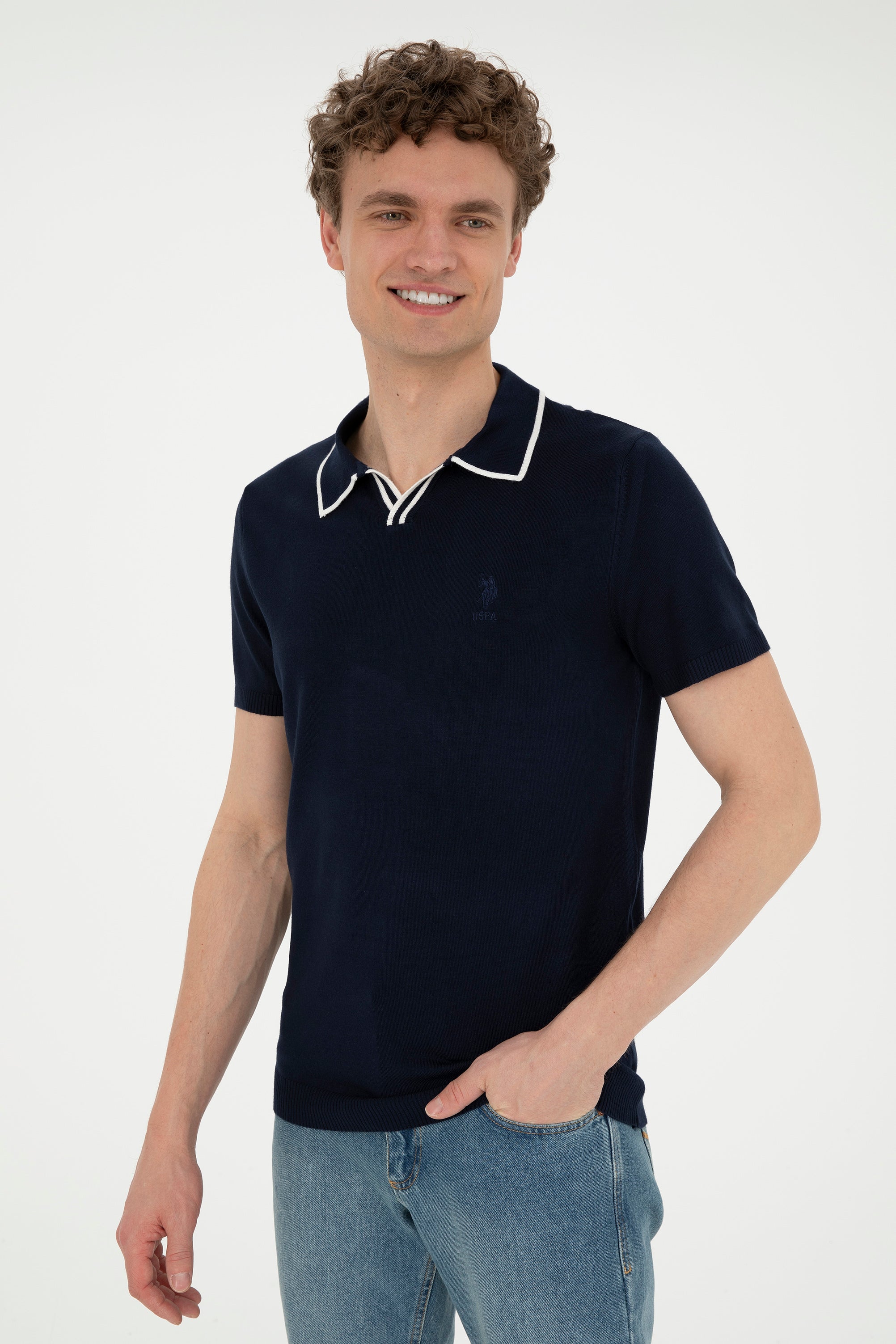 Tricou Polo Bărbați Bleumarin Tricotat Fin Cu Guler Fără Nasturi 