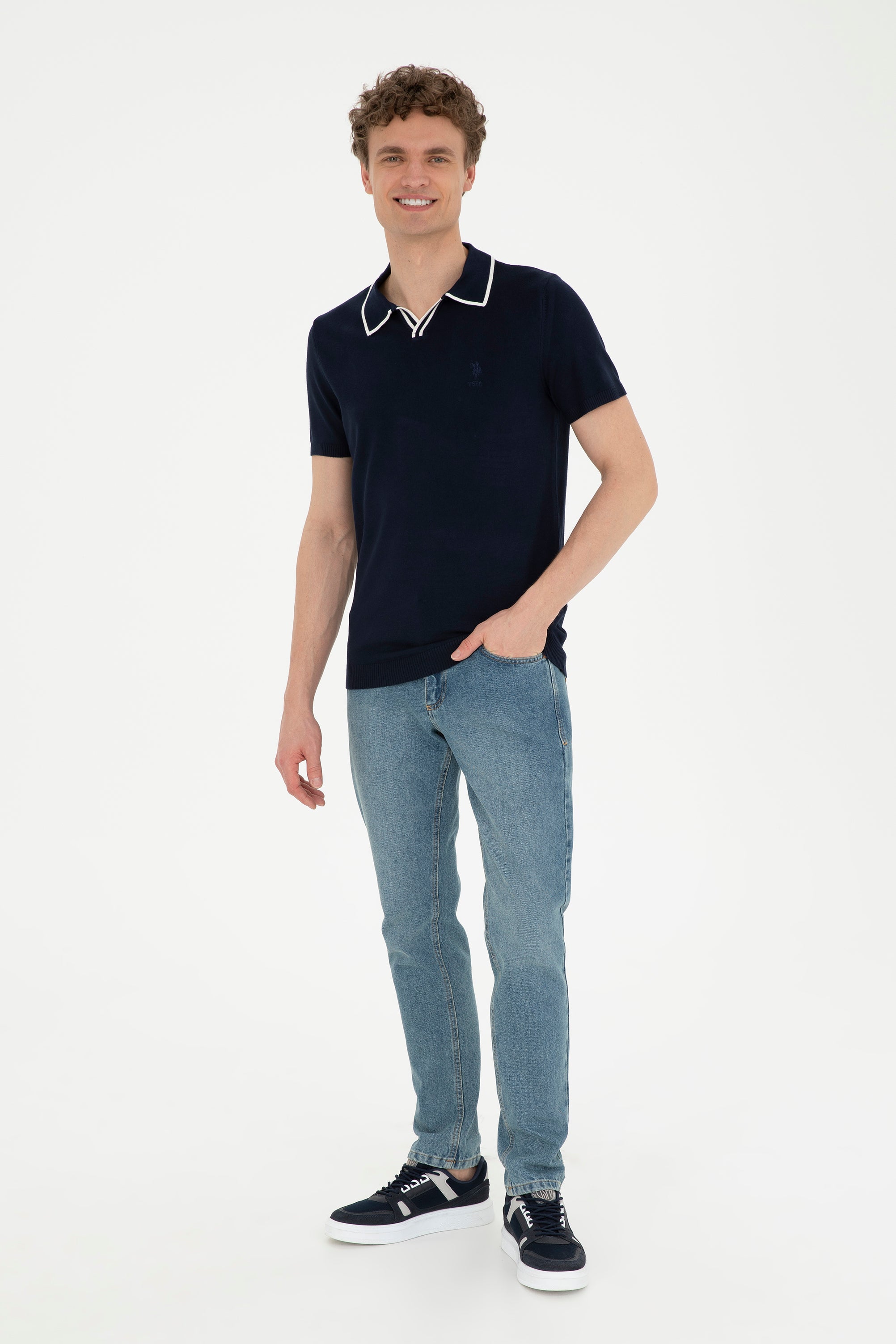 Tricou Polo Bărbați Bleumarin Tricotat Fin Cu Guler Fără Nasturi 