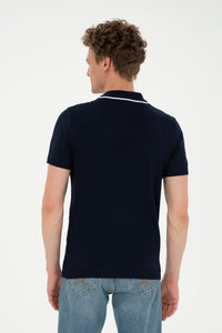 Tricou Polo Bărbați Bleumarin Tricotat Fin Cu Guler Fără Nasturi 