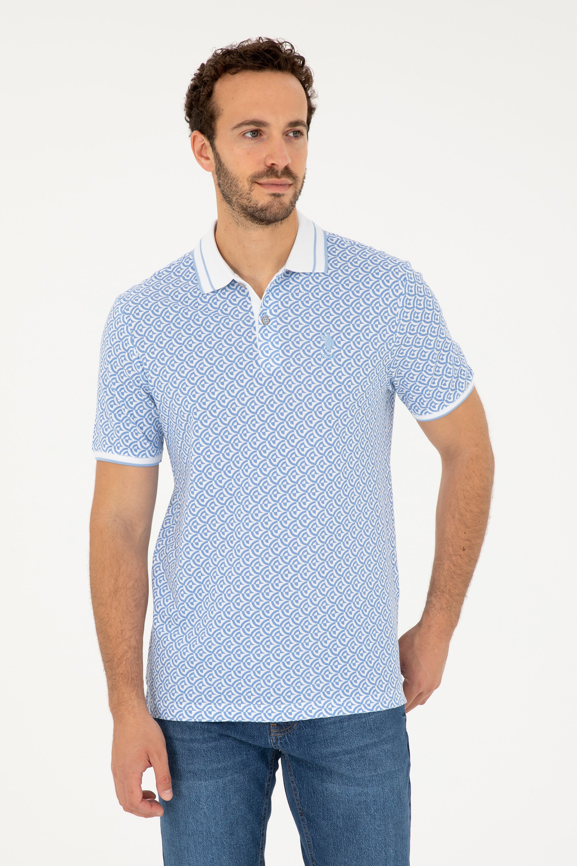 Tricou Polo Bărbați Alb/ Albastru Deschis cu Model Abstract 