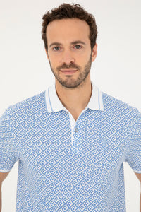 Tricou Polo Bărbați Alb/ Albastru Deschis cu Model Abstract 