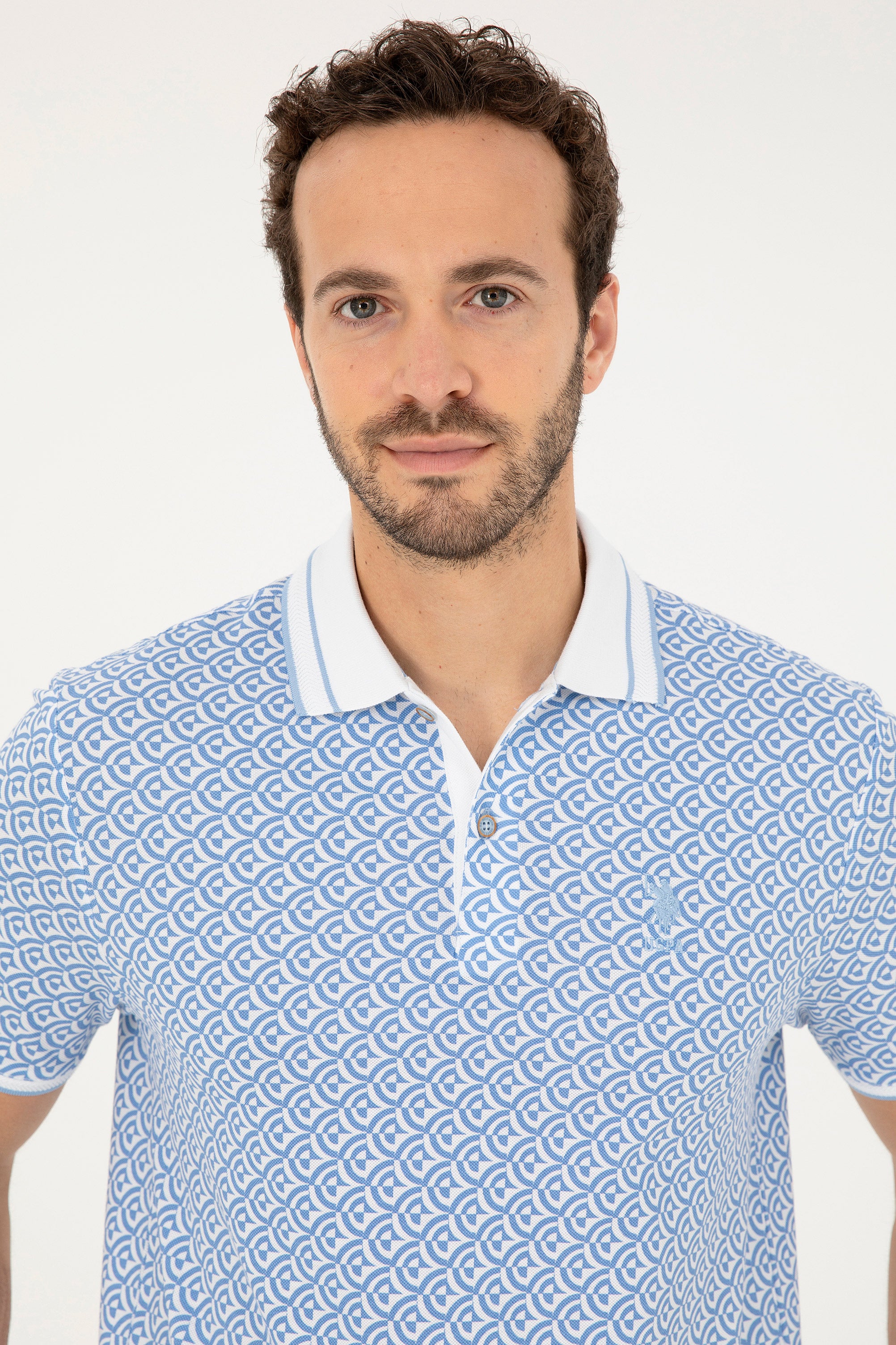 Tricou Polo Bărbați Alb/ Albastru Deschis cu Model Abstract 