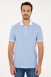 Tricou Polo Bărbați Alb/ Albastru Deschis cu Model Abstract 