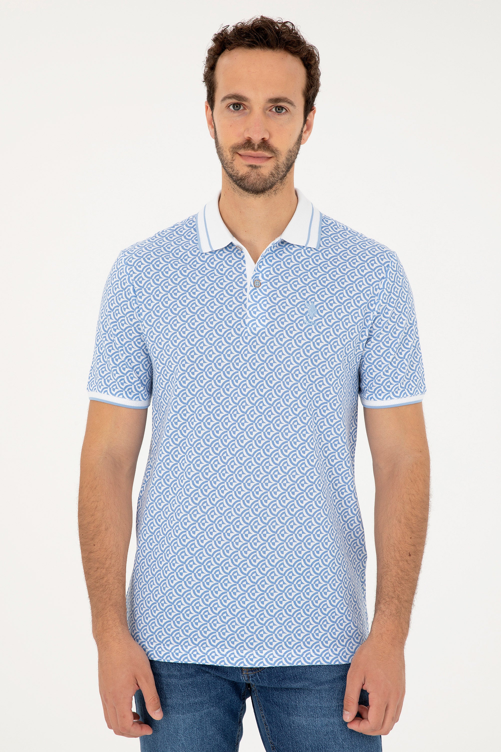 Tricou Polo Bărbați Alb/ Albastru Deschis cu Model Abstract 