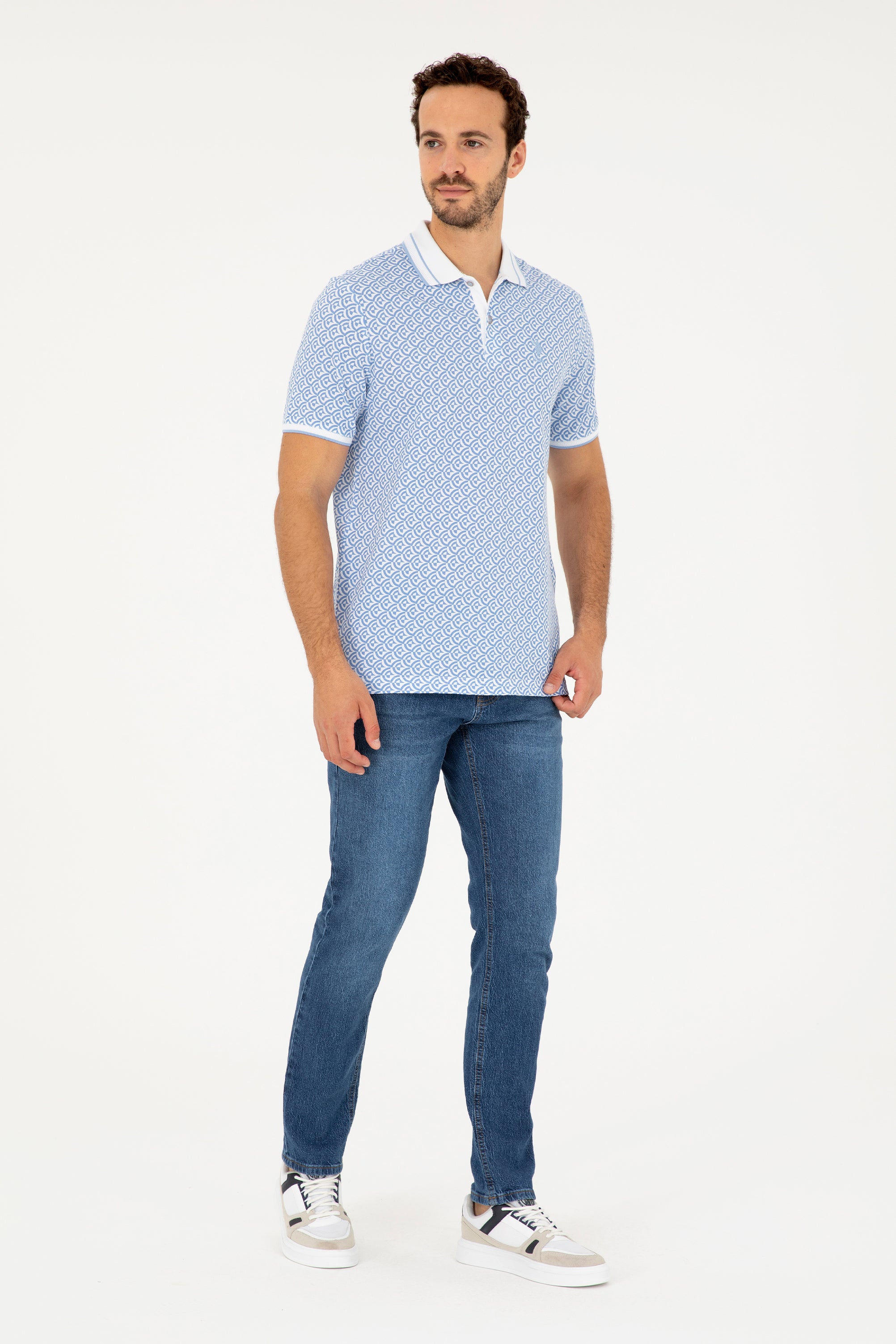 Tricou Polo Bărbați Alb/ Albastru Deschis cu Model Abstract 