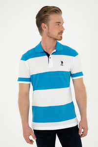 Tricou Polo Barbat Alb Cu Dungi Orizontale Albastru