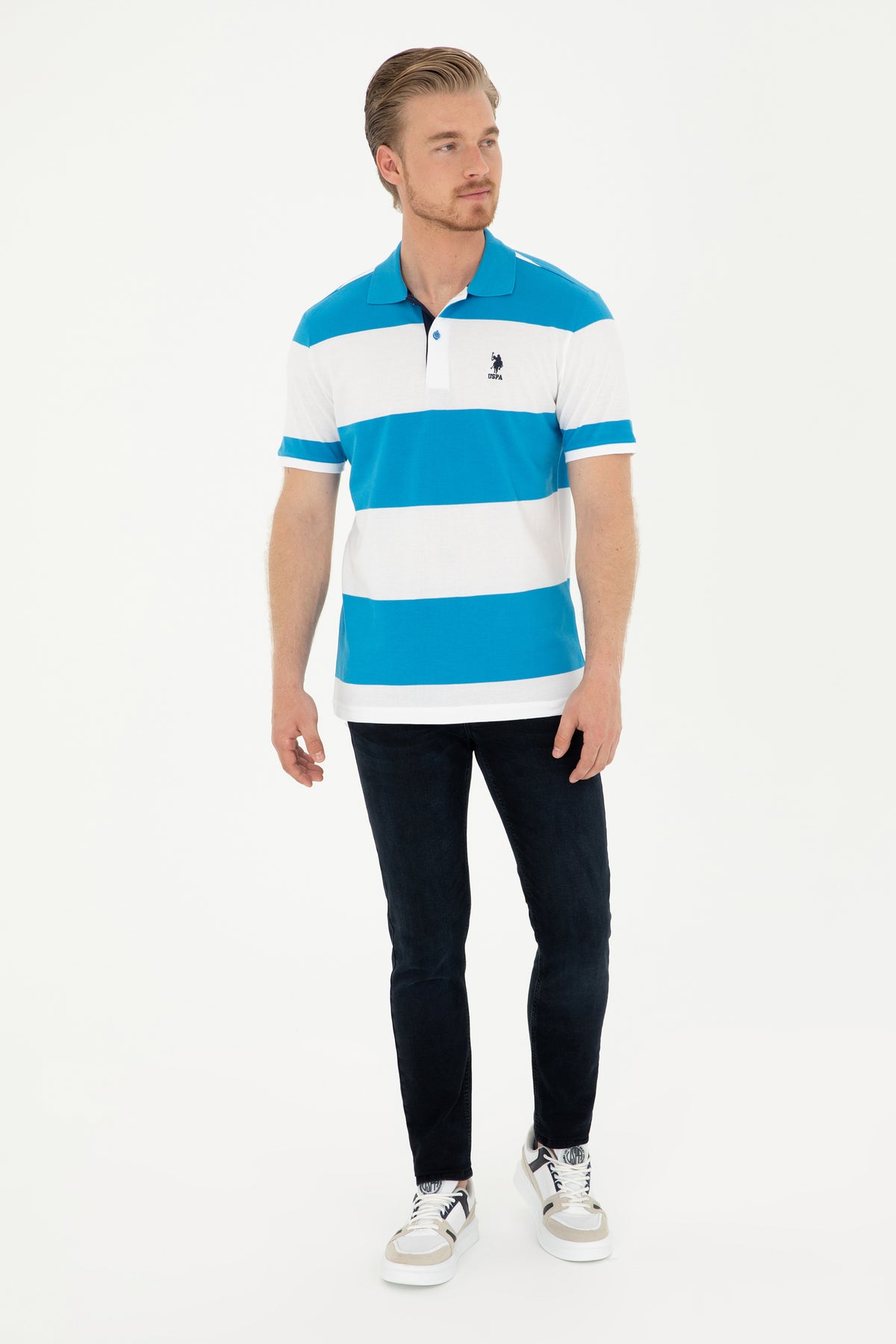 Tricou Polo Barbat Alb Cu Dungi Orizontale Albastru