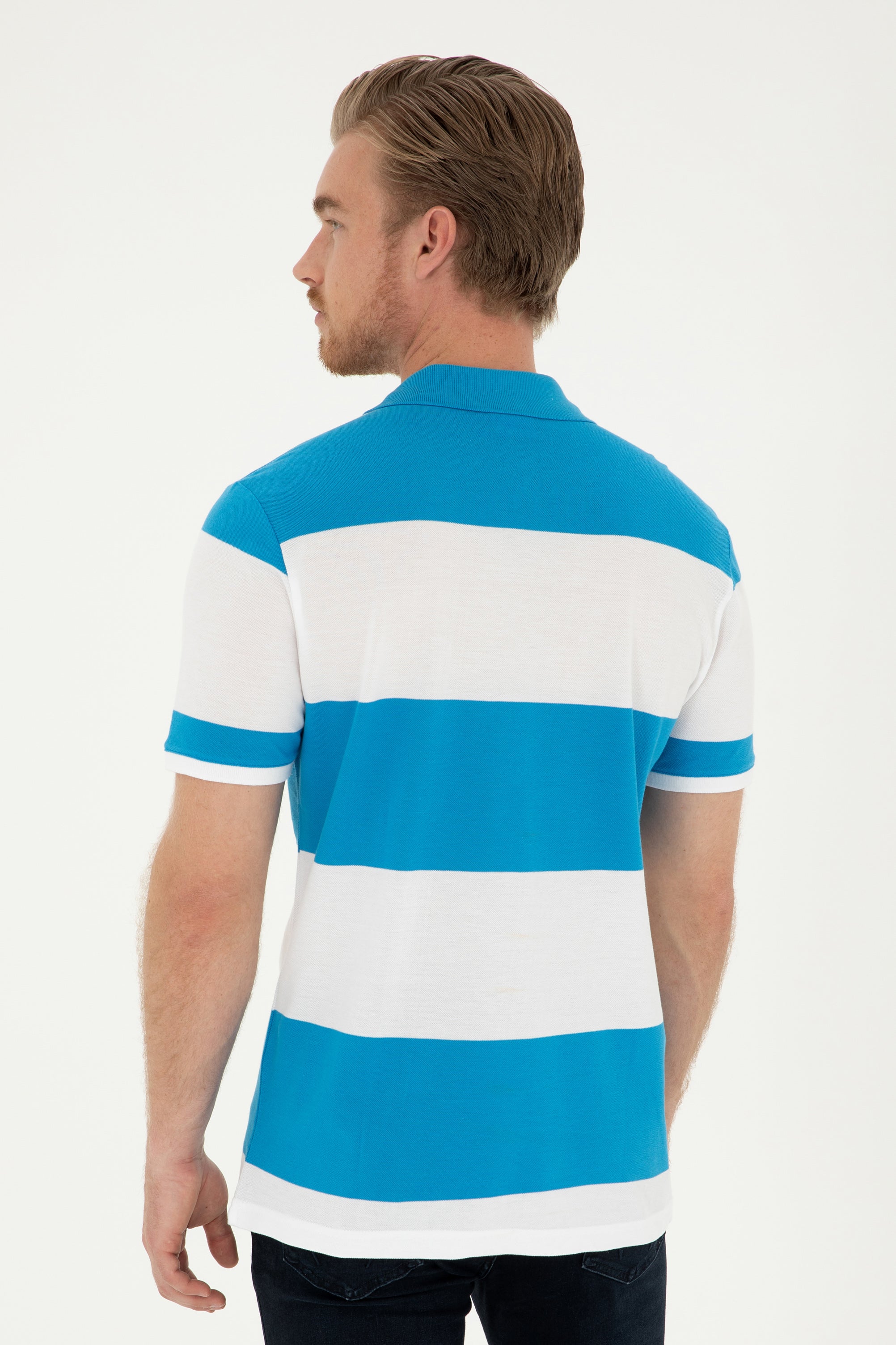 Tricou Polo Barbat Alb Cu Dungi Orizontale Albastru