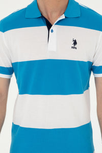Tricou Polo Barbat Alb Cu Dungi Orizontale Albastru