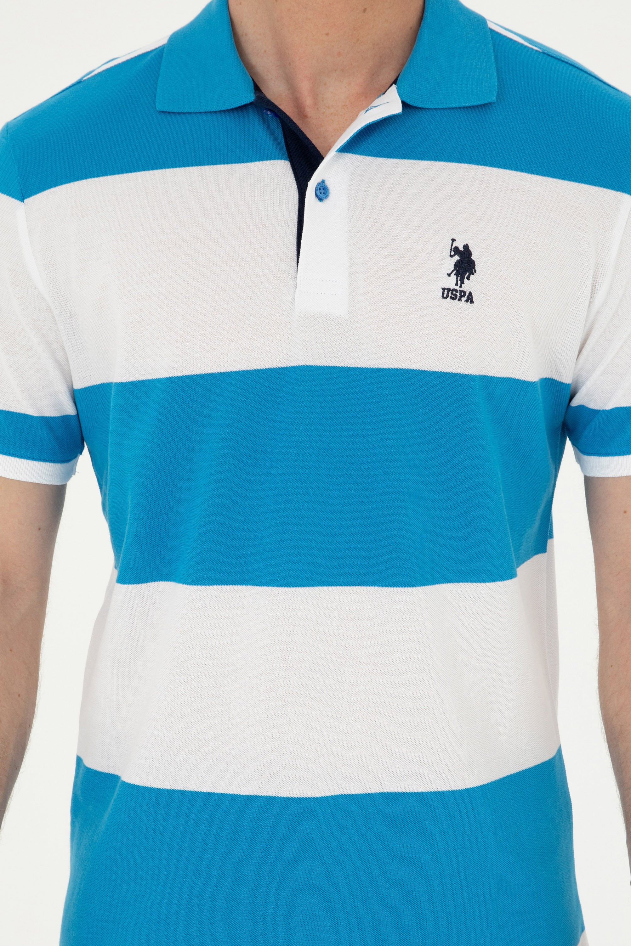 Tricou Polo Barbat Alb Cu Dungi Orizontale Albastru