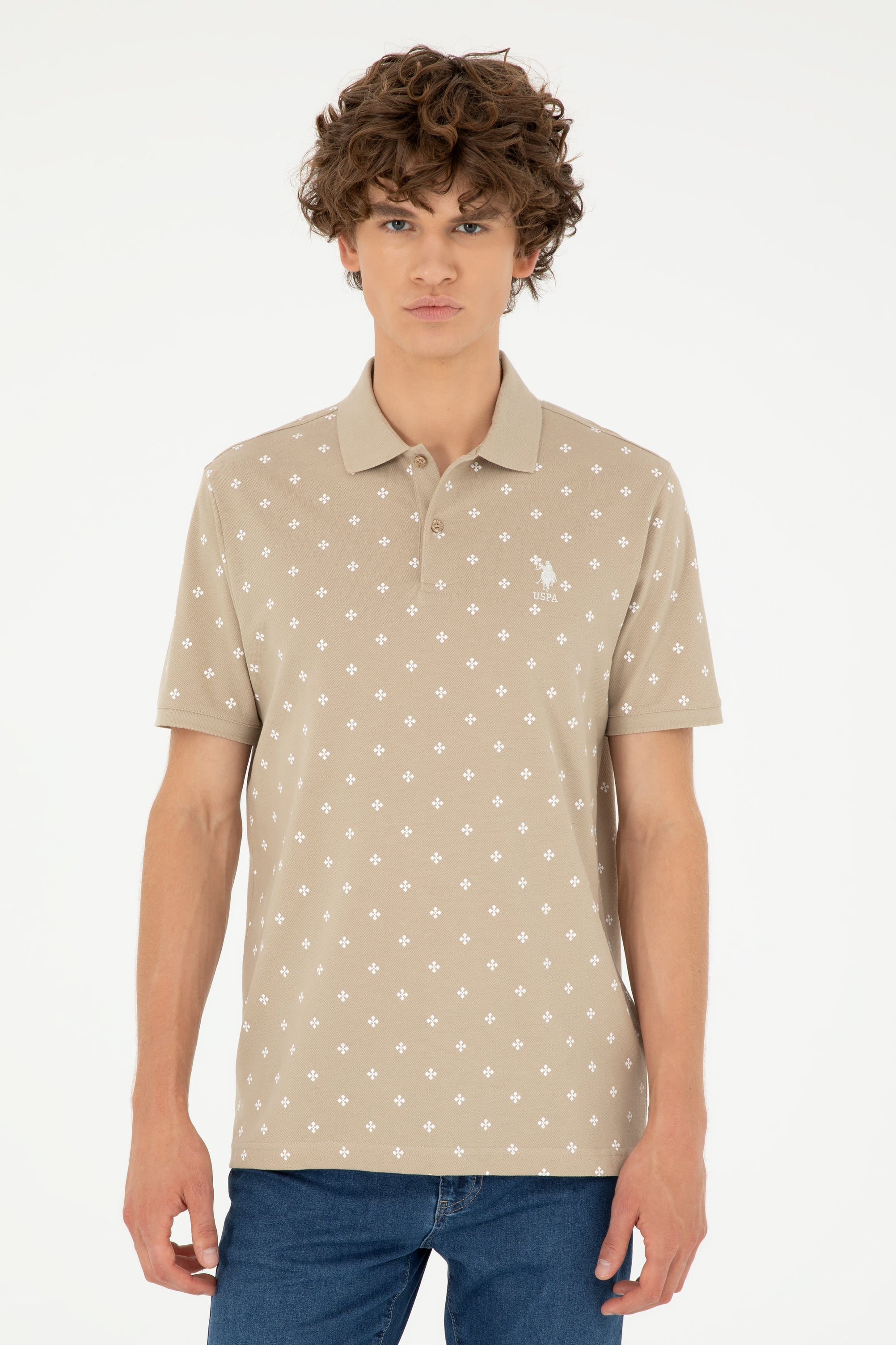 Tricou Polo Bărbați Pe Crem Cu Model si Logo Brodat