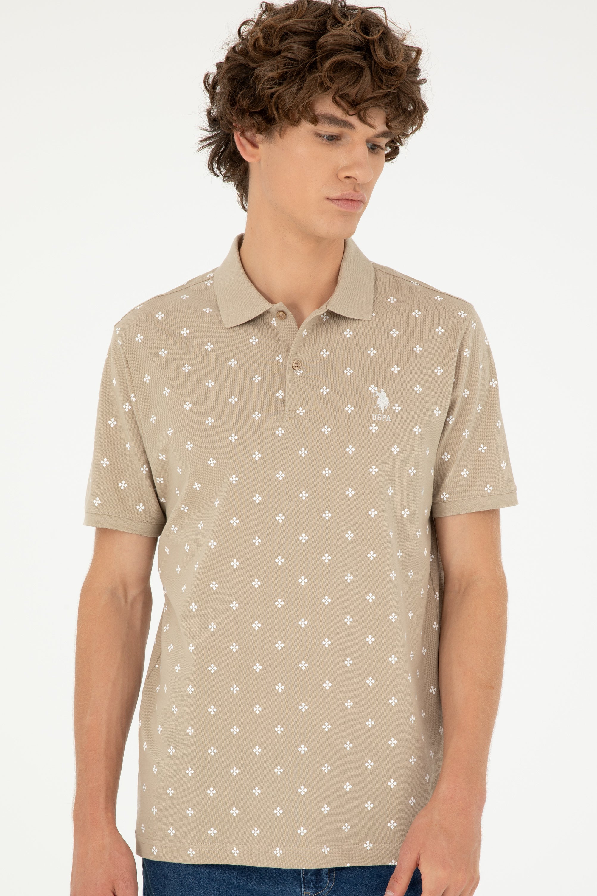 Tricou Polo Bărbați Pe Crem Cu Model si Logo Brodat