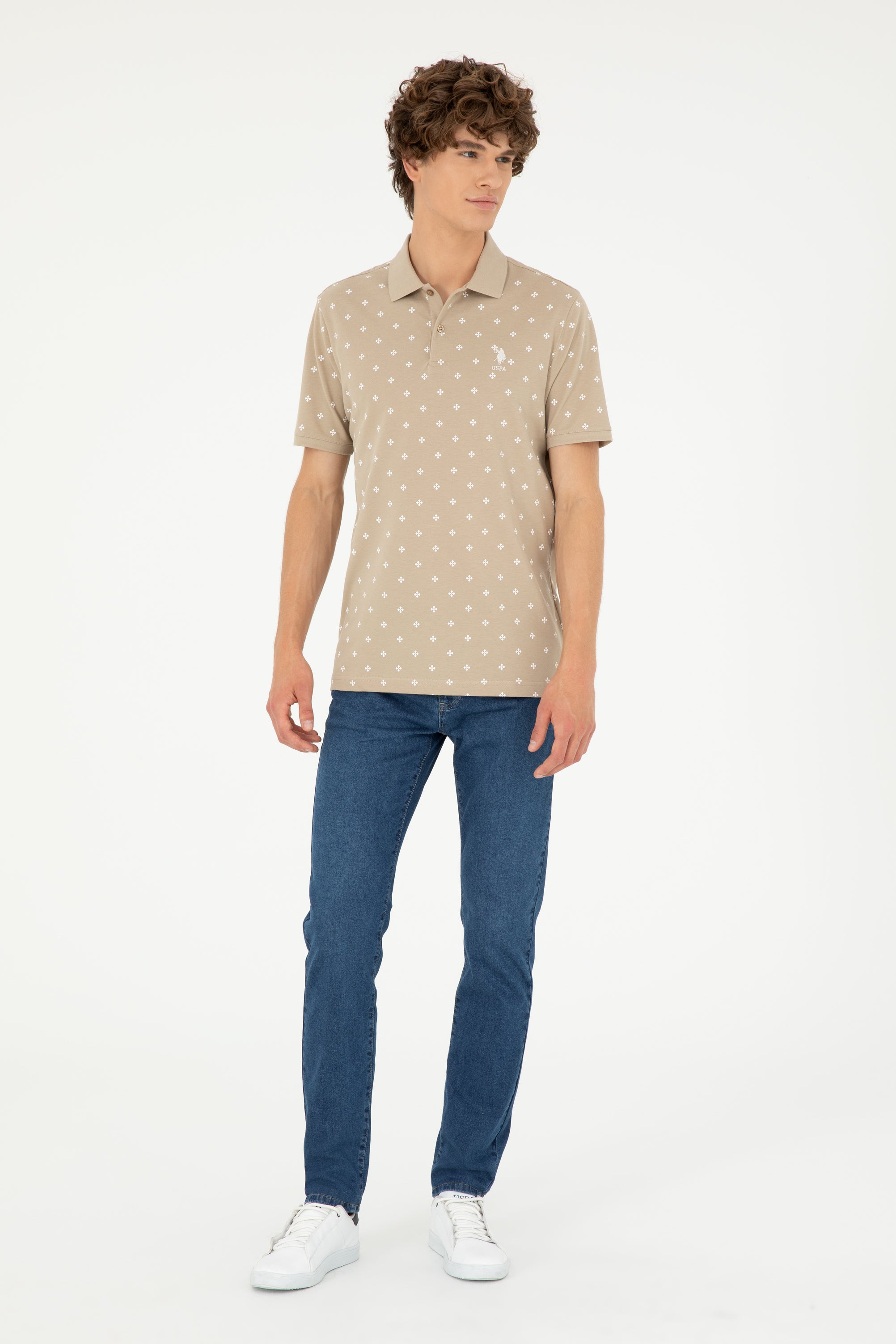 Tricou Polo Bărbați Pe Crem Cu Model si Logo Brodat